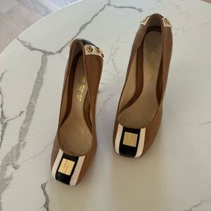 L.A.M.B. Brown Leather Heels Bold Black & White + Gold Details